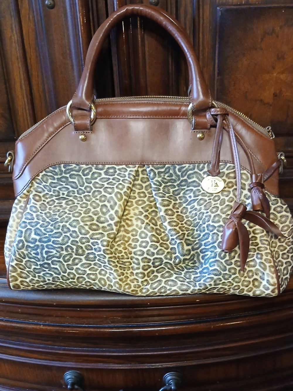 Brahmin Brown Leather & Leopard Print Satchel Tote